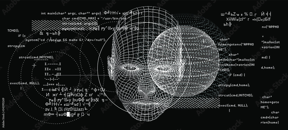 Poster abstract composition of human face wireframe and glitched elements. the subject of mind, reason, tho