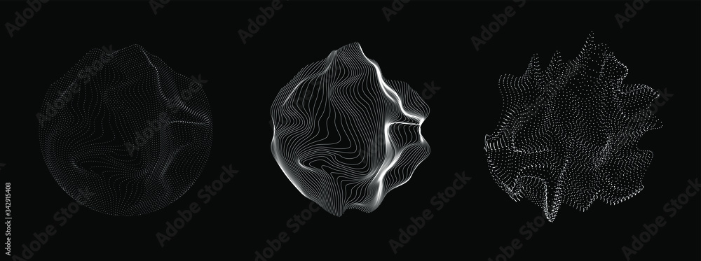 Poster geometric composition with spheres made of particles and wavy lines, fluid shapes. technology and sc