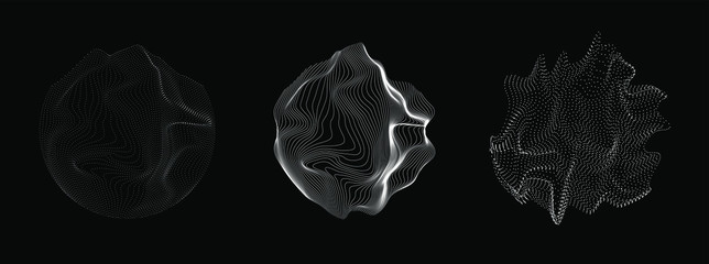 Geometric composition with spheres made of particles and wavy lines, fluid  shapes. Technology and science abstract illustration.