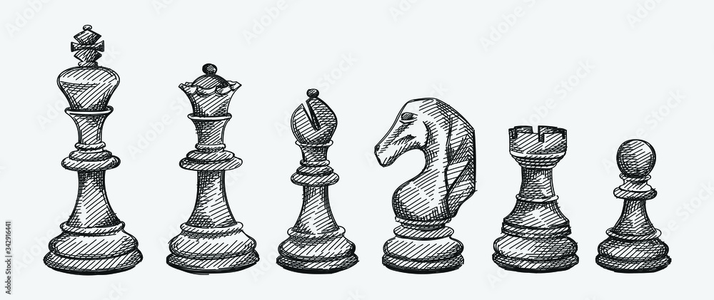 Wall mural Hand-drawn sketch set of Chess pieces on a white background. Chess. Check mate. King, Queen, Bishop, Knight, Rook, Pawn