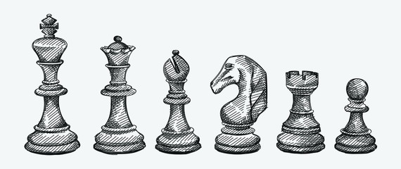 Hand-drawn sketch set of Chess pieces on a white background. Chess. Check mate. King, Queen, Bishop, Knight, Rook, Pawn - 342916441