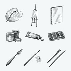 Hand-drawn sketch of Drawing set. Artist tools. Easel, Palette, brushes for drawing, Drawing Notebook, pencil and eraser, palette knife and spatula; tin palette case for watercolors; Gouache Bottles