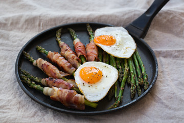 Keto, ketogenic breakfast, meal with fried eggs, bacon, asparagus