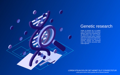 DNA structure, genetics research flat isometric vector concept illustration