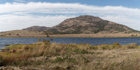 view of Mount Scott from lake Elmer Thomas in the Wichita National Wildlife refuge