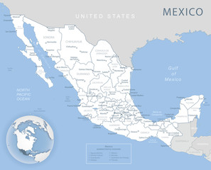 Blue-gray detailed map of Mexico and administrative divisions and location on the globe.