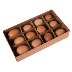 Chicken eggs in a cardboard box