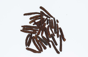 Long pepper or Piper longum on white background
Long black pepper (Also called as Pipli in Indian, capsicum frutescens, Balinese pepper, Jaborandi pepper, Bengal pepper, Dipli in Thai, Piper longum)