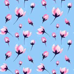 Pink sakura flowers pattern on light blue background, watercolor floral blossom petals. Cherry blossom or Japanese sakura pink flowers seamless pattern in blush watercolor texture for textile print