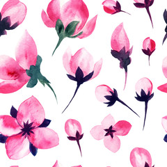 Obraz premium Sakura flowers and cherry blossom floral pattern on white background, watercolor pink petals decoration design. Seamless cherry blossom sakura pink flowers pattern in vintage blush watercolor