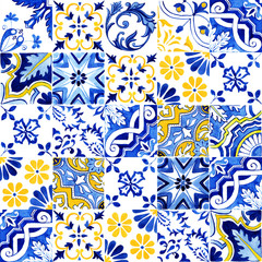 Portuguese Azulejos tile seamless pattern. Traditional Portuguese Mosaic tile decoration. Watercolor blue and yellow artwork. Antique ceramics tileable, heritage. Old painted panel with floral pattern - obrazy, fototapety, plakaty