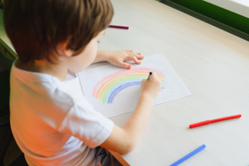 Child's Drawing Depicting Colorful rainbow.Stay at Home Social Media Campaign For Coronavirus Prevention, Let's All Be Well, Hope During Coronavirus Pandemic Concept