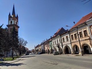 Obraz premium Romania ,Bistrita ,2020,april, Liviu Rebreanu street and Central square ,empty city in quarantine,covid 19