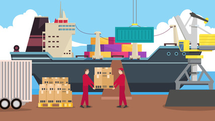 Shipping port with harbor crane loading containers to marine freight boat. Seaport workers carry boxes from truck in docks near lighthouse. Global maritime logistic. Cartoon flat vector illustration.