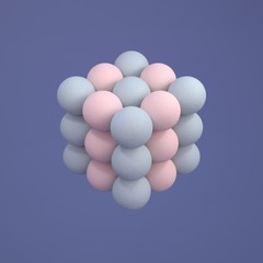 3D composition of primitives. A composite cube of colored balls on a blue background. Blue and pink spheres. 3D illustration