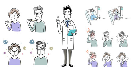 Stock illustration: new coronavirus symptoms, doctor explaining measures, elderly people, set