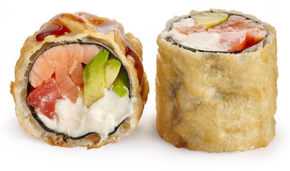 Deep-fried hot sushi roll with salmon