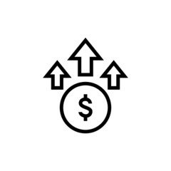 Money dollar up arrow, growth finance graphic, concept icon design  in outline style on white background