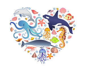 The inhabitants of the underwater world - fish, mammals, mollusks located in the shape of a heart - vector print. The heart of the ocean - a picture on the theme of ecology and the protection of the n