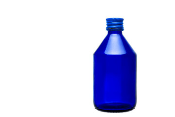 blue glass bottle with medical alcohol for disinfection with a metal cap isolated on a white background with copy space.