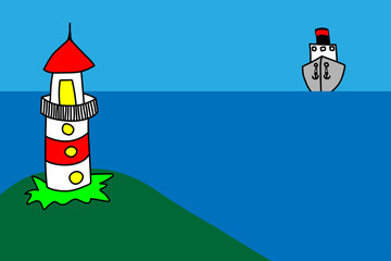 Lighthouse on rock stones island landscape. Navigation Beacon building in ocean. AND SHIP ON THE HORIZON Vector illustration.