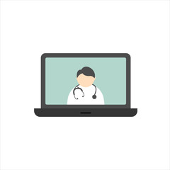 Doctor online. Medical consultation with doctor on the laptop computer flat vector illustration isolated on white background. Telemedicine or telehealth virtual visit