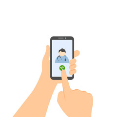 Man using mobile phone to call doctor. Medical consultation with doctor on the phone. Vector illustration isolated on white background