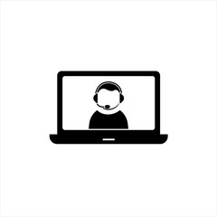 Laptop, online teacher with headphones. Distance e-learning on laptop computer. Online education metaphor sign.  Flat icon vector illustration isolated on white background