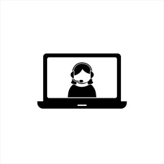 Laptop, online teacher with headphones. Distance e-learning from laptop computer. Online education metaphor sign.  Flat icon vector illustration isolated on white background