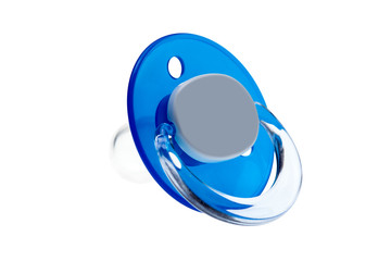 a silicon pacifier babies made of transparent soft latex, blue plastic soother isolated on white background mock up.