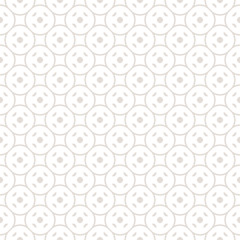 Subtle funky geometric seamless pattern with simple figures, circular mesh, rounded shapes. White and beige abstract background texture, repeat tiles. Modern design for decor, fabric, prints, package