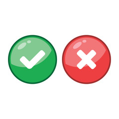 Tick and cross signs. Green checkmark and red X icons, isolated on white background.