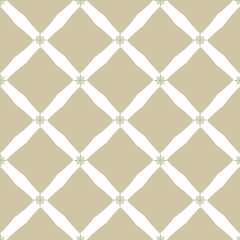 Fototapeta premium Golden grid seamless pattern. Vector abstract geometric texture with diamond shapes, rhombuses, stars, square mesh, lattice, repeat tiles. Gold and white ornamental graphic background. Luxury design