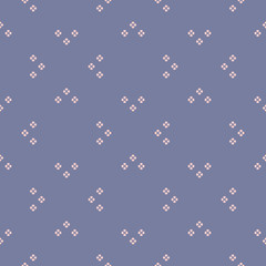 Vector minimalist geometric seamless pattern. Cute background with small floral shapes, petals, leaves. Simple abstract minimal texture in blue serenity and pink color. Repeatable decorative design