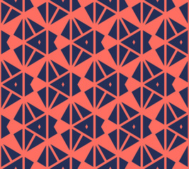 Vector geometric pattern. Modern abstract seamless texture in trendy colors, coral and dark blue. Simple ornament with grid, net, triangles, hexagons, rhombuses. Funky repeat graphic background