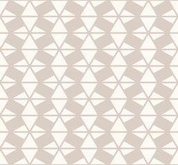 Subtle vector geometric triangles seamless pattern. Light brown and beige colors. Delicate abstract background texture with triangular shapes, grid, net, lattice, mesh. Simple modern repeat design