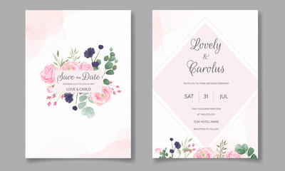 Elegant wedding invitation card template set with beautiful pink roses and green leaves