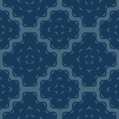 Vector geometric seamless pattern with wavy shapes, lines, stripes, smooth grid. Simple texture in dark blue color. Subtle abstract geo background. Stylish modern repeat design for wallpapers, print