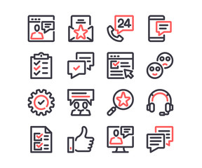 Customer service line icons set. Customer support, call center, technical support concepts. Outline symbols. Simple thin stroke design linear graphic elements. Red and black colors. Vector line icons