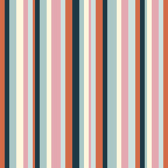 Vertical stripes pattern. Simple vector seamless texture with thin straight lines. Modern abstract geometric striped background. Orange, pink, navy blue, mint green and beige color. Stylish design - 342941252