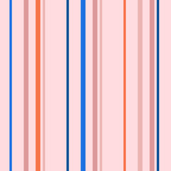 Nahtloses Muster der vertikalen Streifen. Einfache Vektortextur mit dünnen und dicken Linien. Abstrakter geometrischer gestreifter Hintergrund in trendigen hellen Farben, Orange, Blau, Rosa, Pfirsich. Stilvolles minimalistisches Design