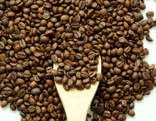 coffee beans on a wooden spatula. White background.