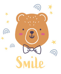 Vector illustration with cartoon bear in bow tie and lettering.