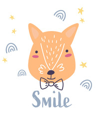 Handmade vector illustration with cartoon fox and lettering, cute picture for print, poster or other products.