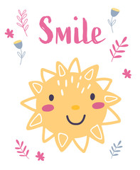 Poster, postcard, print - a cheerful sun surrounded by plant elements.