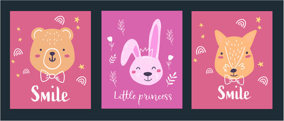Illustrations for cards, posters or prints. Cartoon animals - a teddy bear, a fox and a bunny surrounded by a cute patern.