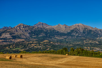 Beautiful landscape with a field with hayricks in front of beautiful mountains in the French Alps.