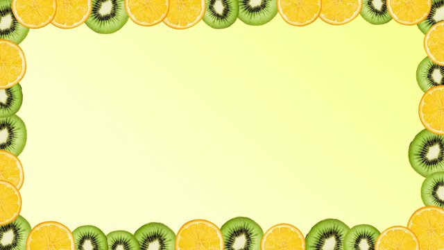 frame of fruit, lemons and kiwis on a yellow background