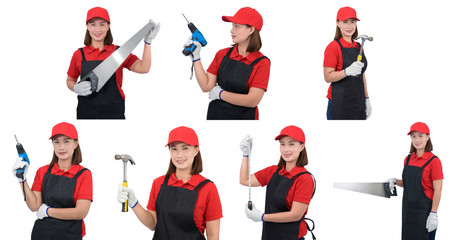Collection set Portrait of young woman worker smiling in red uniform with apron, glove hand holding Craftsman tool isolated on white backround