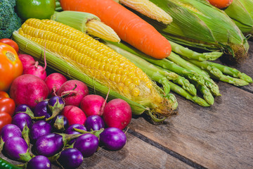 Backgroud of fresh food tasty and healthy varis vegetables are on the wooden table